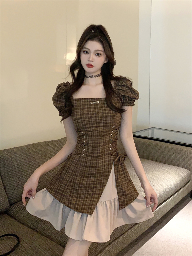 1711627132662_769029.jpg 2026 Sweet Cool Pure Desire Brown Plaid Slim High Waist Dress Summer New