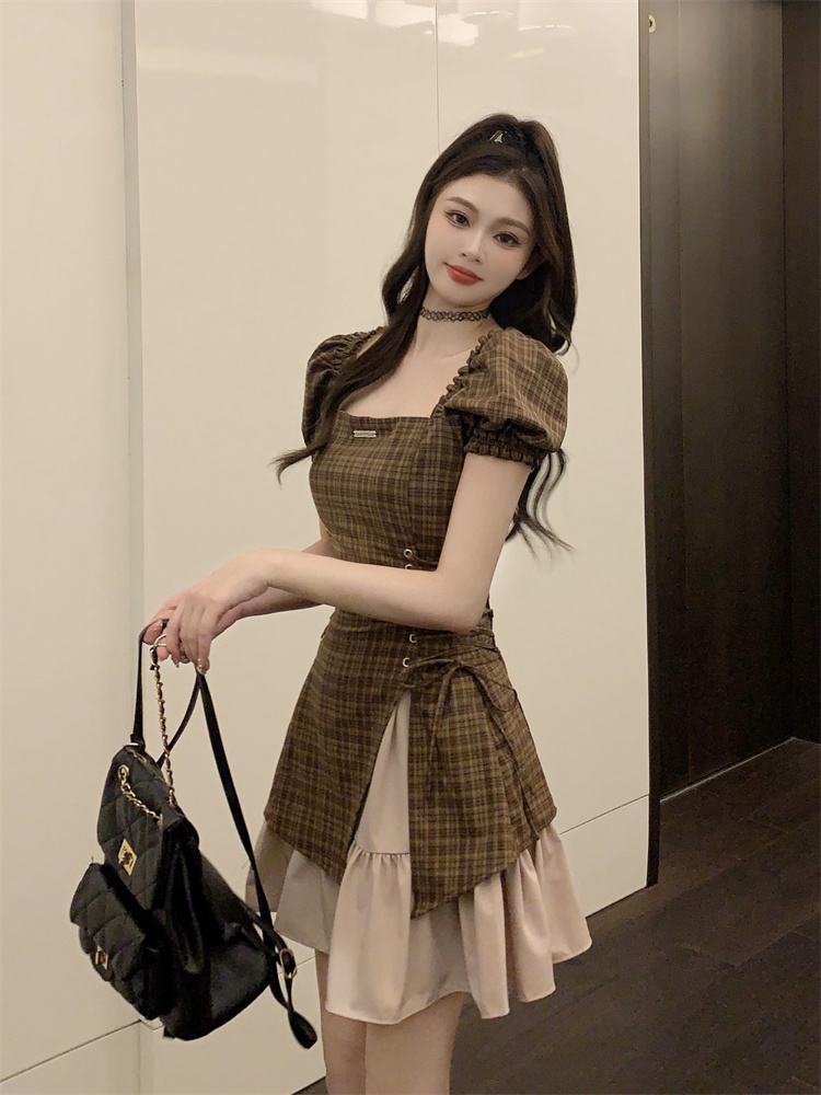 1711627144436_416391.jpg 2026 Sweet Cool Pure Desire Brown Plaid Slim High Waist Dress Summer New