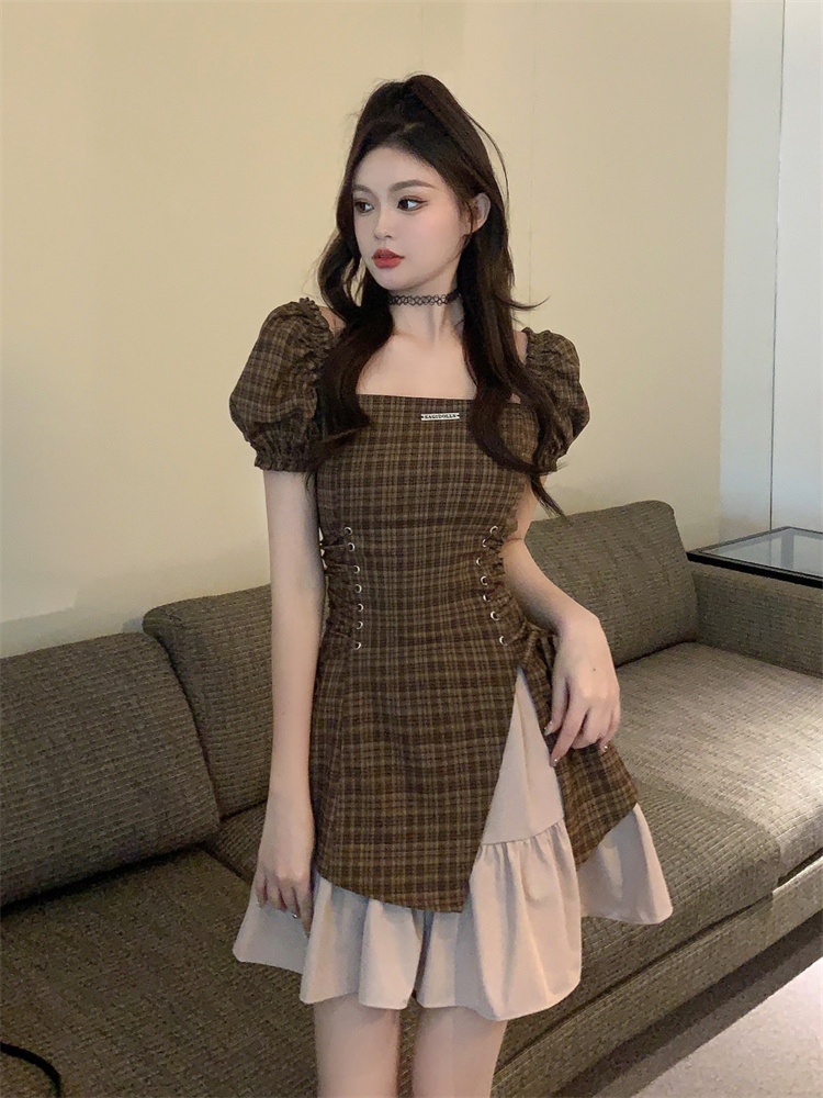 1711627157929_349548.jpg 2026 Sweet Cool Pure Desire Brown Plaid Slim High Waist Dress Summer New