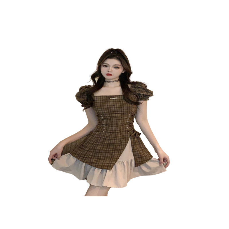 1711642221066_27238.png 2026 Sweet Cool Pure Desire Brown Plaid Slim High Waist Dress Summer New