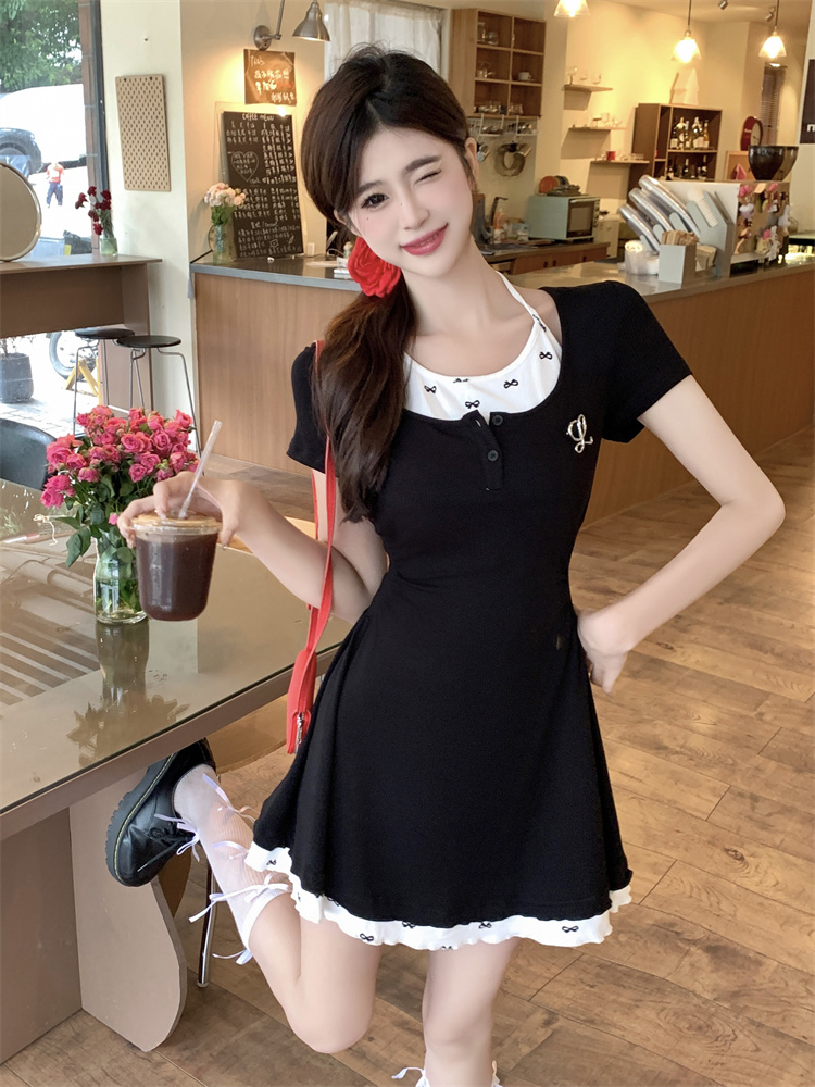 Summer Preppy JK Halter Short Dress with Cinched Waist and Slimming Fit