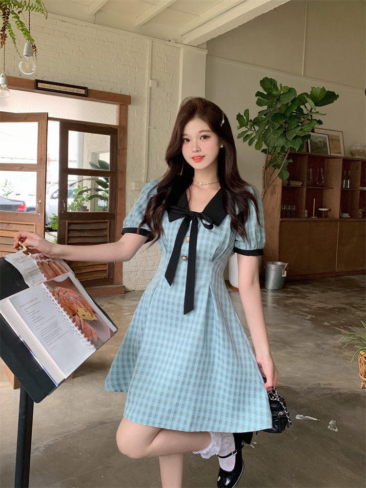 Blue Preppy Plaid A-Line Dress with Doll Collar and Puff Sleeves