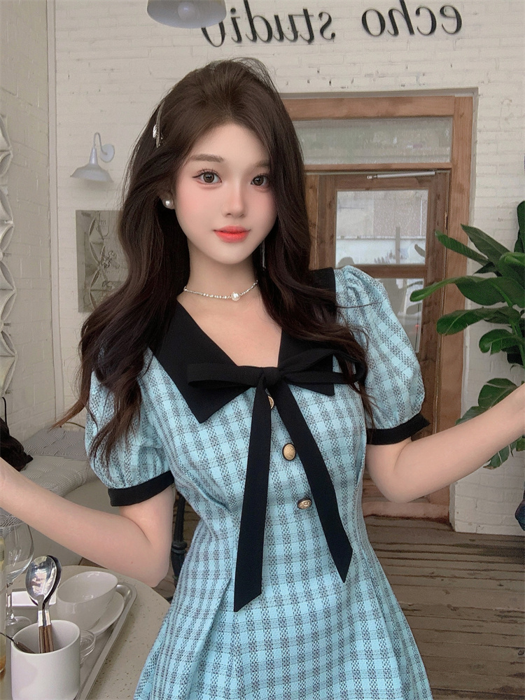 Blue Preppy Plaid A-Line Dress with Doll Collar and Puff Sleeves
