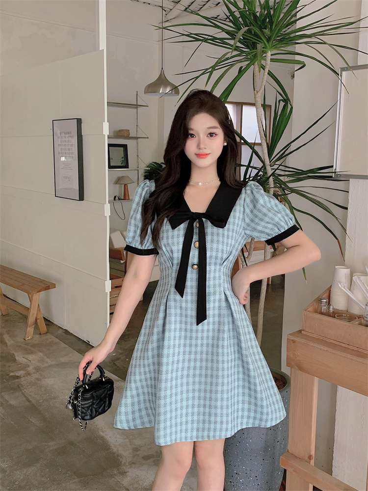 Blue Preppy Plaid A-Line Dress with Doll Collar and Puff Sleeves