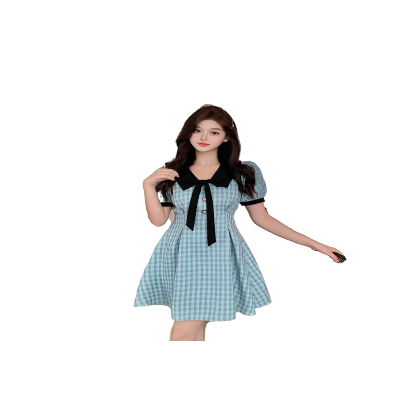 Blue Preppy Plaid A-Line Dress with Doll Collar and Puff Sleeves