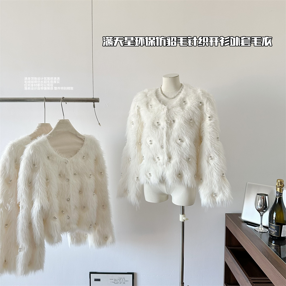 1732636776550_198056.jpg 2024 Autumn Winter Pearl Button Starry Sky Eco Faux Mink Knit Cardigan Sweater