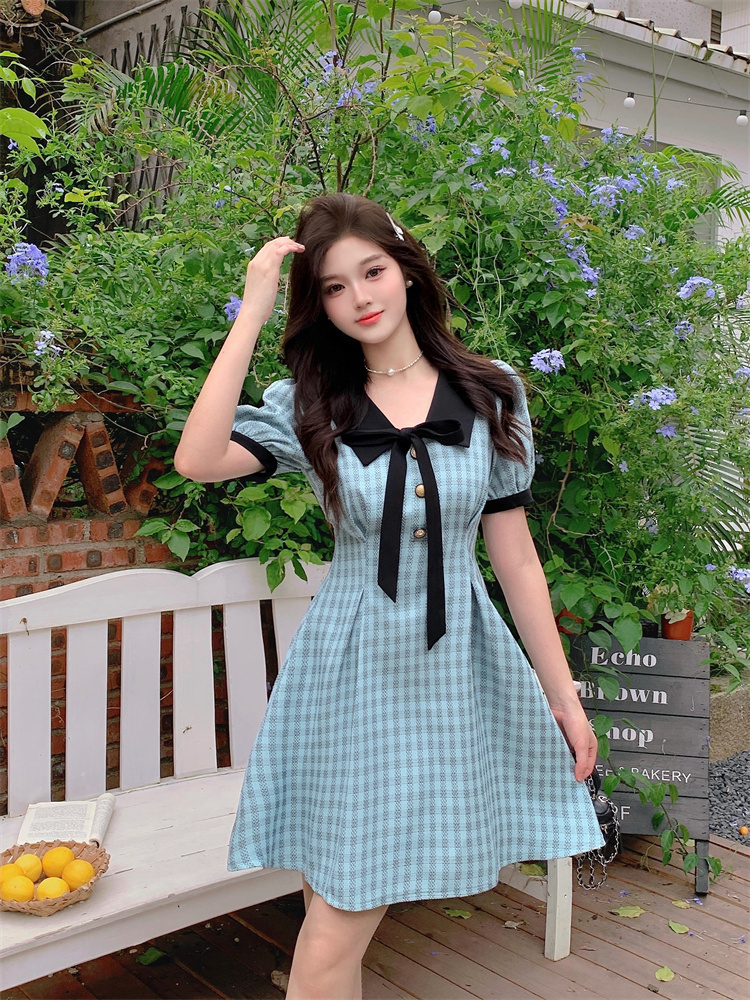1742481977453_277211.jpg Blue Preppy Plaid A-Line Dress with Doll Collar and Puff Sleeves