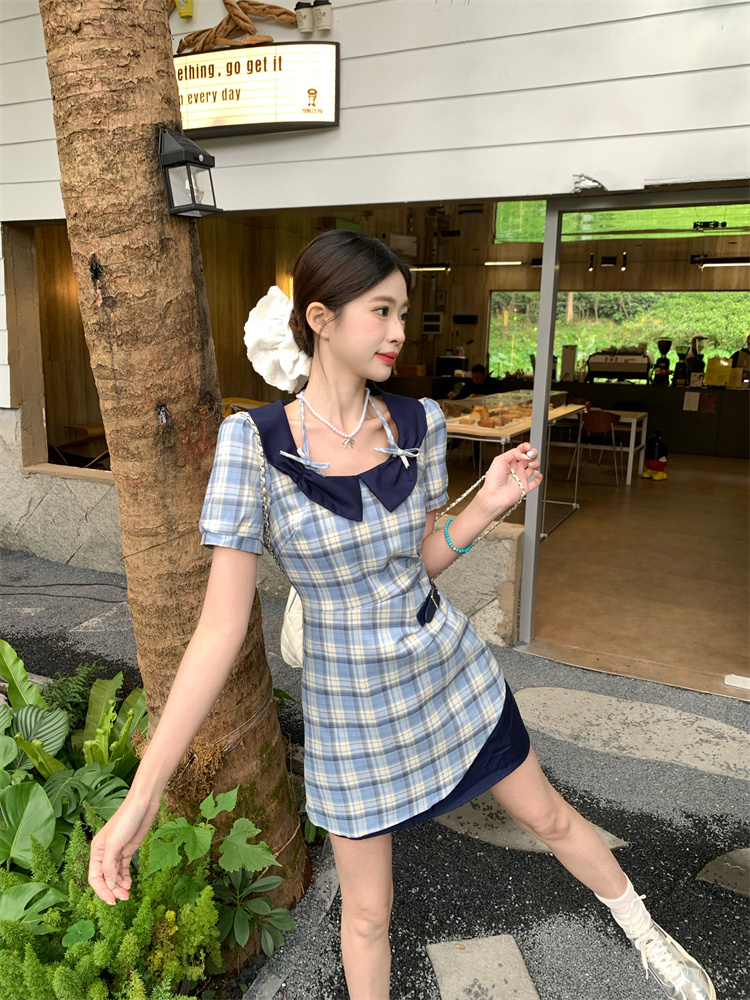 Retro Plaid Slim Fit Short Sleeve Summer Dress