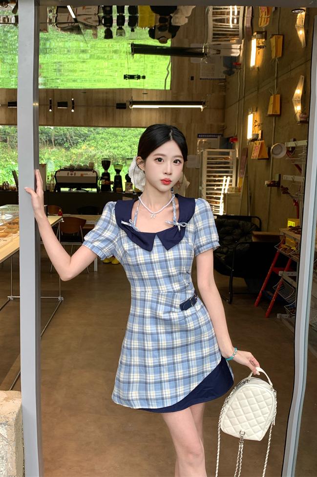 Retro Plaid Slim Fit Short Sleeve Summer Dress