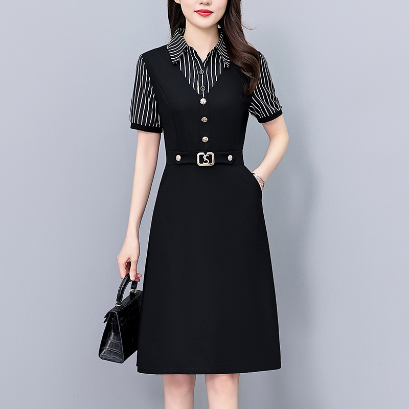 1773324958300_YtHmBU.jpg Plus Size Striped Patchwork Illusion Two-Piece Short Sleeve Dress Summer 2026