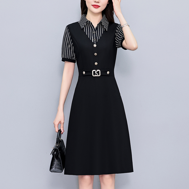 1773324962116_klYwQP.jpg Plus Size Striped Patchwork Illusion Two-Piece Short Sleeve Dress Summer 2026