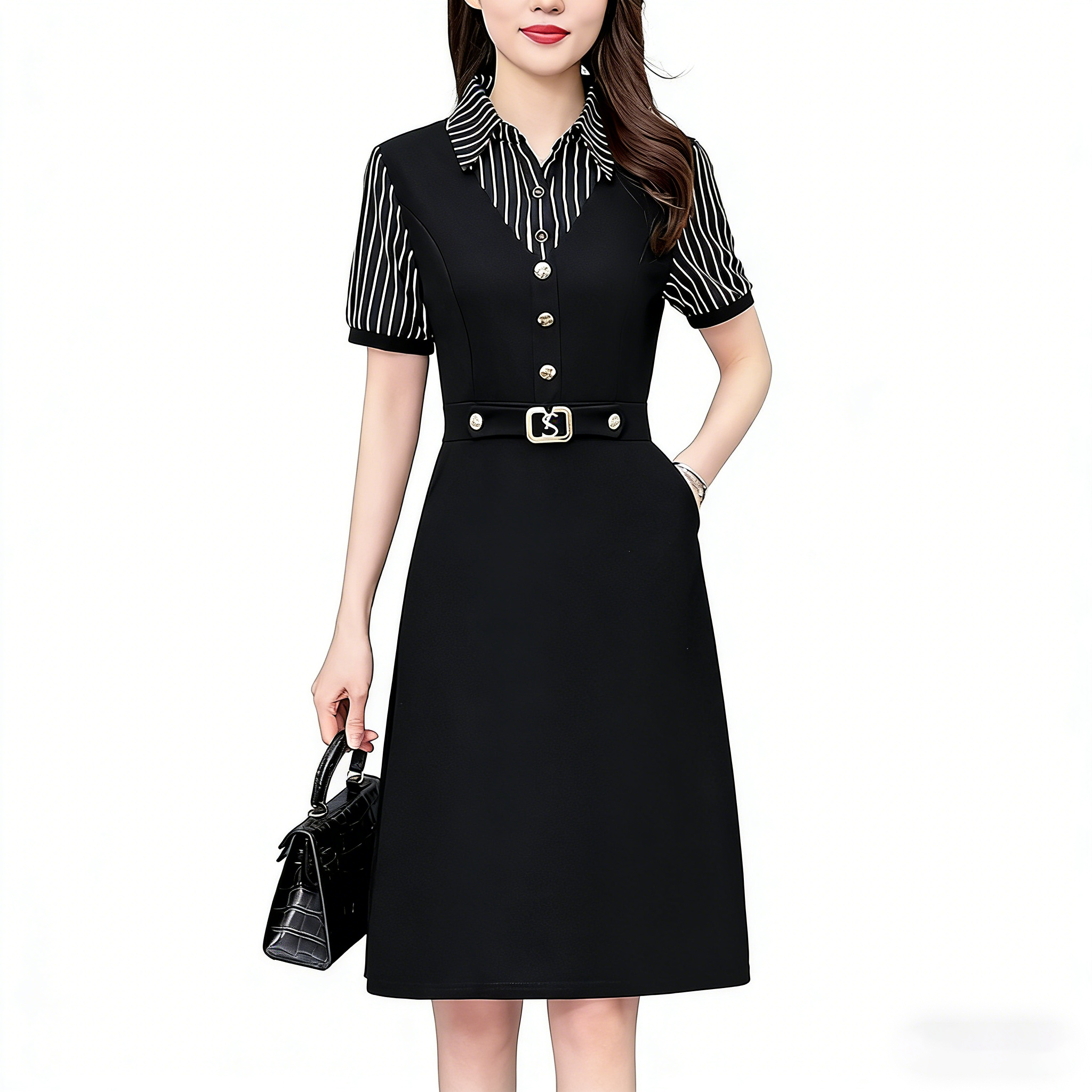 1773325125713_Cfw6dp.png Plus Size Striped Patchwork Illusion Two-Piece Short Sleeve Dress Summer 2026