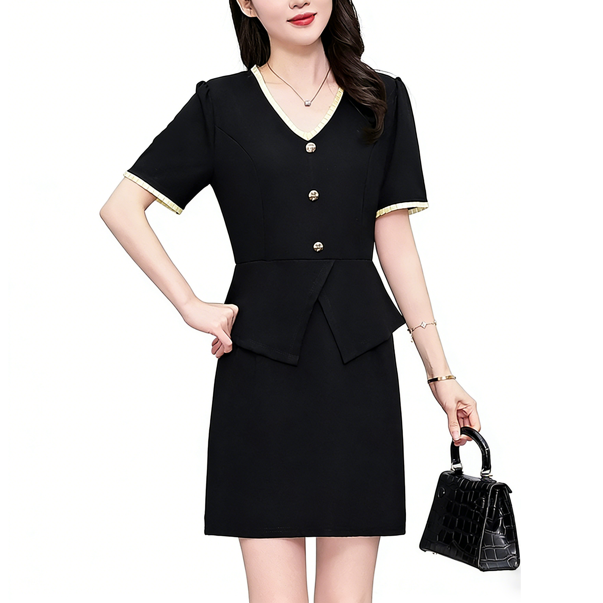 1773325965244_8v4qM4.png Plus Size Black V-Neck Short Sleeve Dress Summer Slim Fit