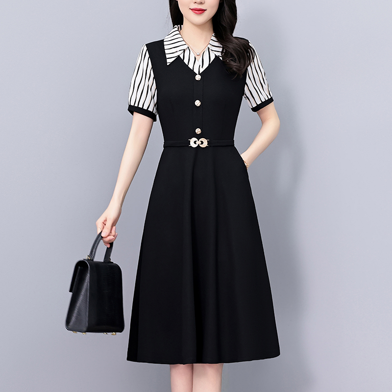 Striped Faux Two-Piece Plus Size Women's Midi Dress Short Sleeve Summer 2026