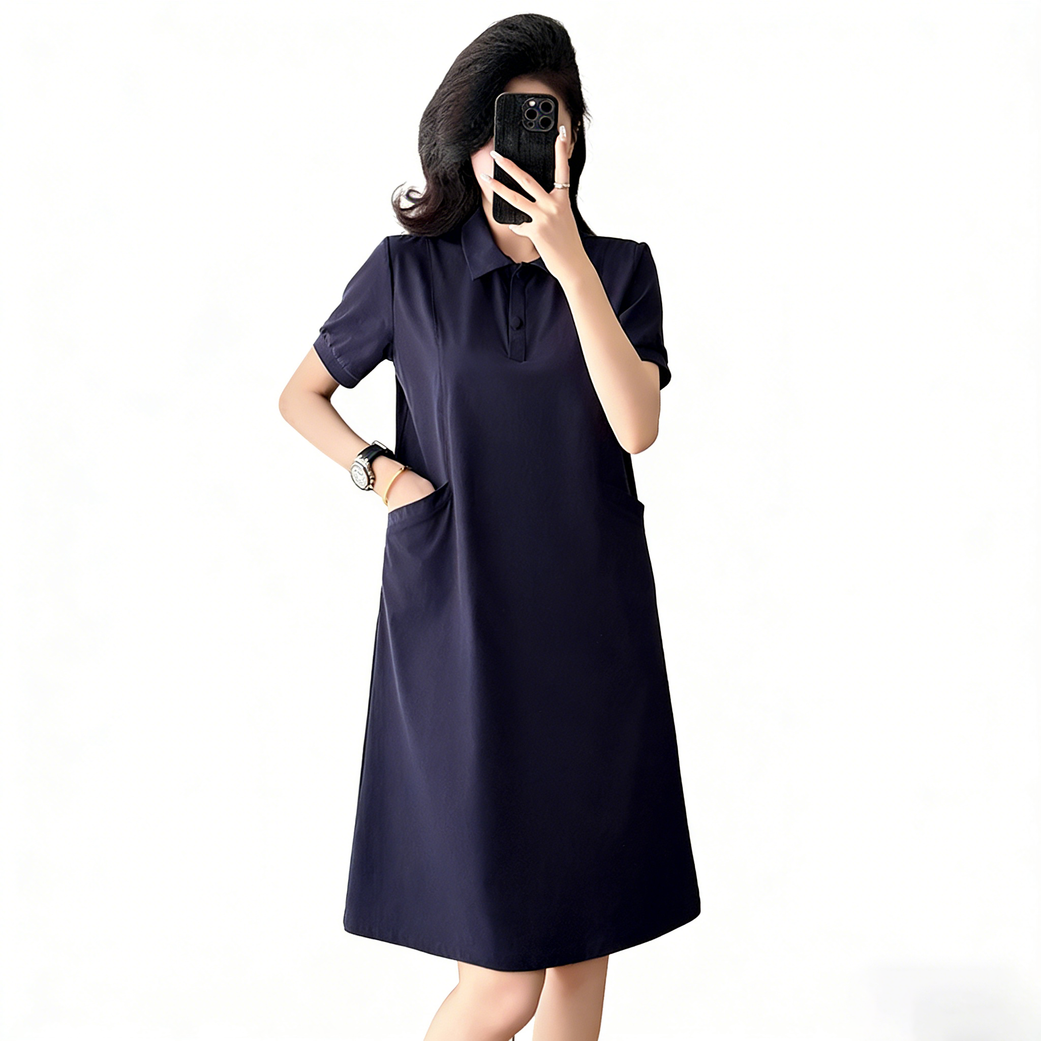 1773375339725_hfUaA8.png Navy Blue Casual Loose Plus Size Women's Short Sleeve Dress Summer New