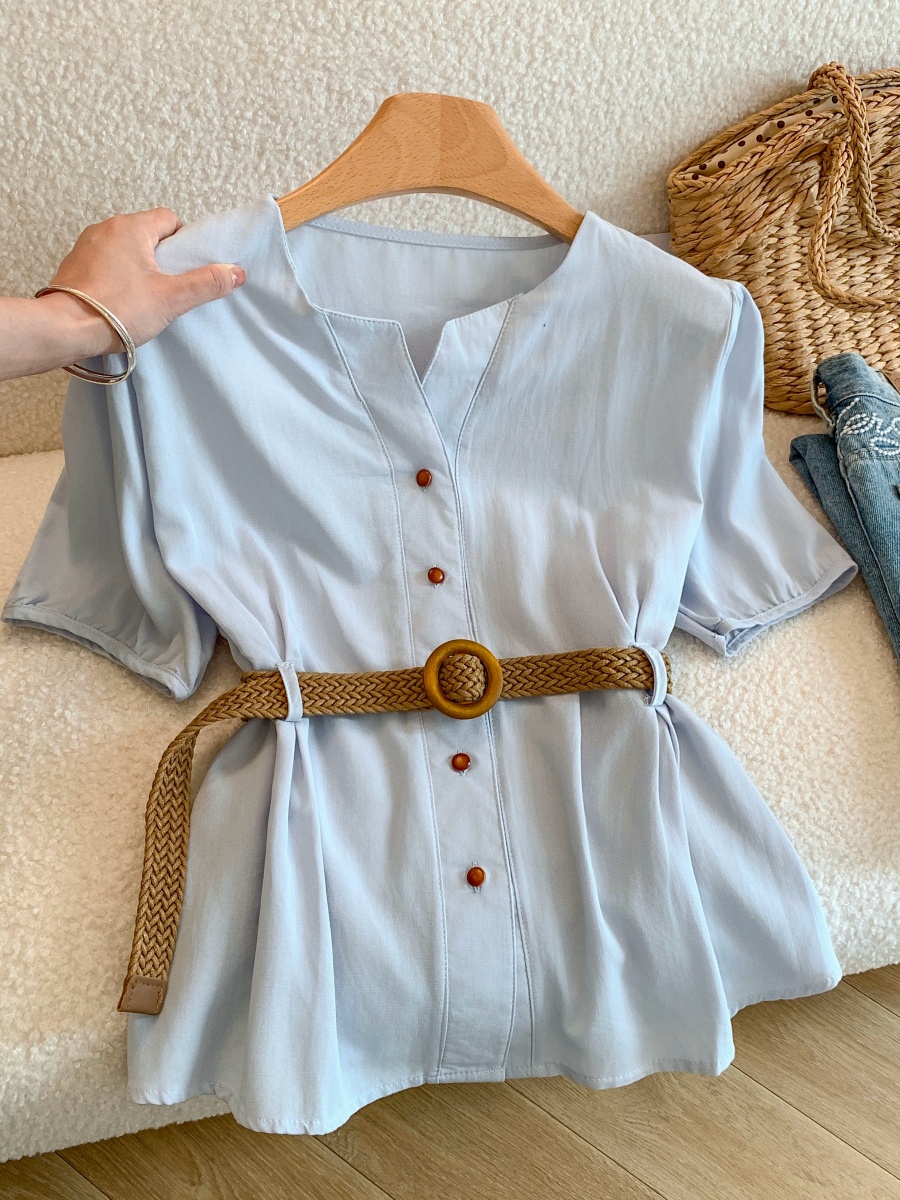 1776434310985_NWHe8B.jpg French Style V-Neck Blue Blouse for Women Summer Waist-Cinching Slimming Design Niche Short Sleeve Top