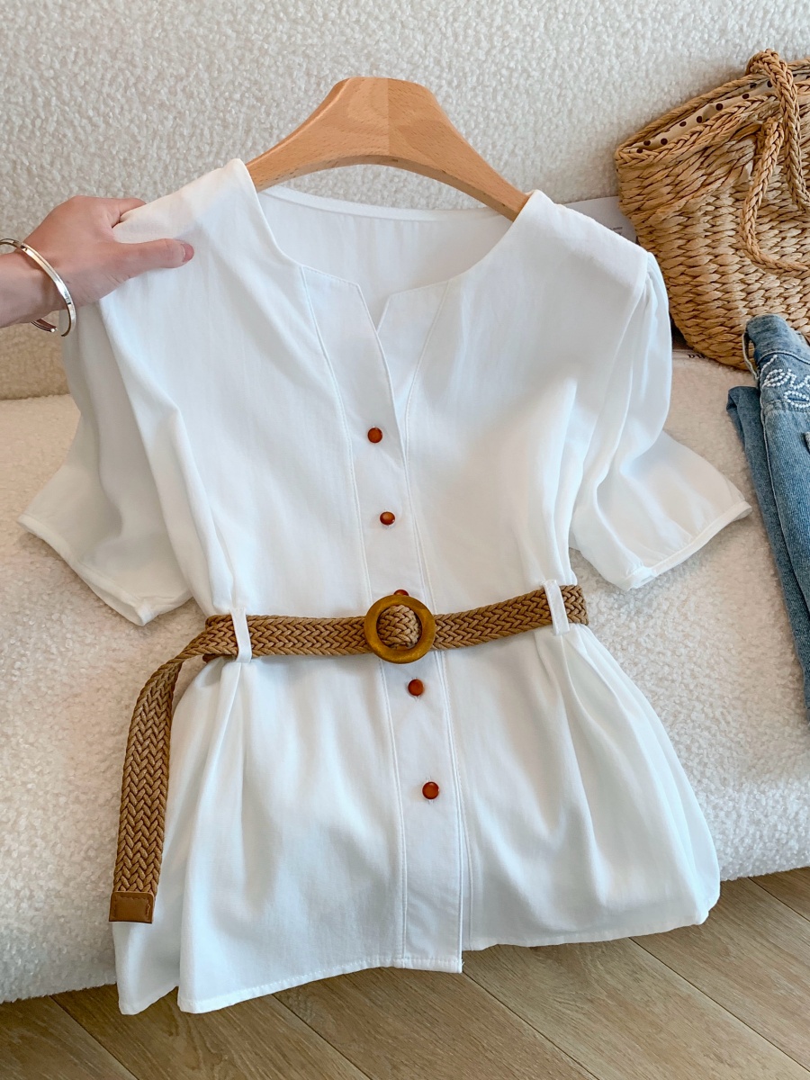1776434317965_og06EI.jpg French Style V-Neck Blue Blouse for Women Summer Waist-Cinching Slimming Design Niche Short Sleeve Top