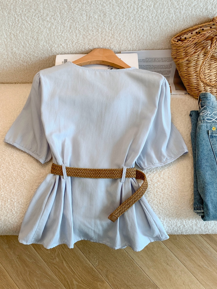 1776434323601_mKS0LH.jpg French Style V-Neck Blue Blouse for Women Summer Waist-Cinching Slimming Design Niche Short Sleeve Top