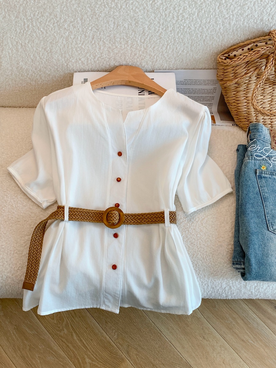 1776434327931_vzdv5Y.jpg French Style V-Neck Blue Blouse for Women Summer Waist-Cinching Slimming Design Niche Short Sleeve Top