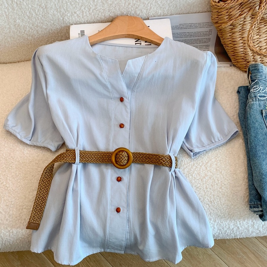 1776434334583_3L6jFk.jpg French Style V-Neck Blue Blouse for Women Summer Waist-Cinching Slimming Design Niche Short Sleeve Top