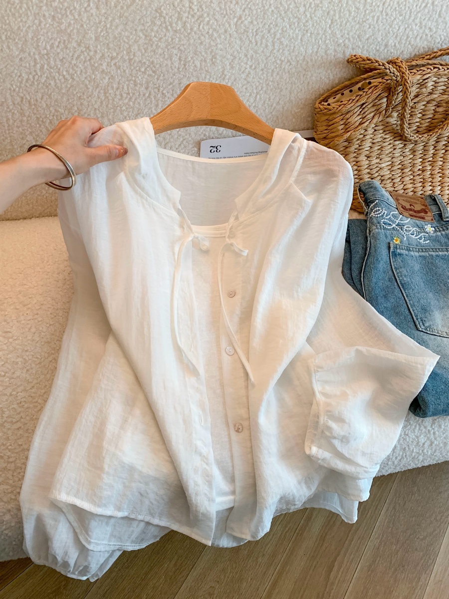1778944137062_UEnzBI.jpg Summer Korean Style Ruffle Stand Collar Tie Shirt Women Loose Breathable Cotton Blend Sun Protection Blouse