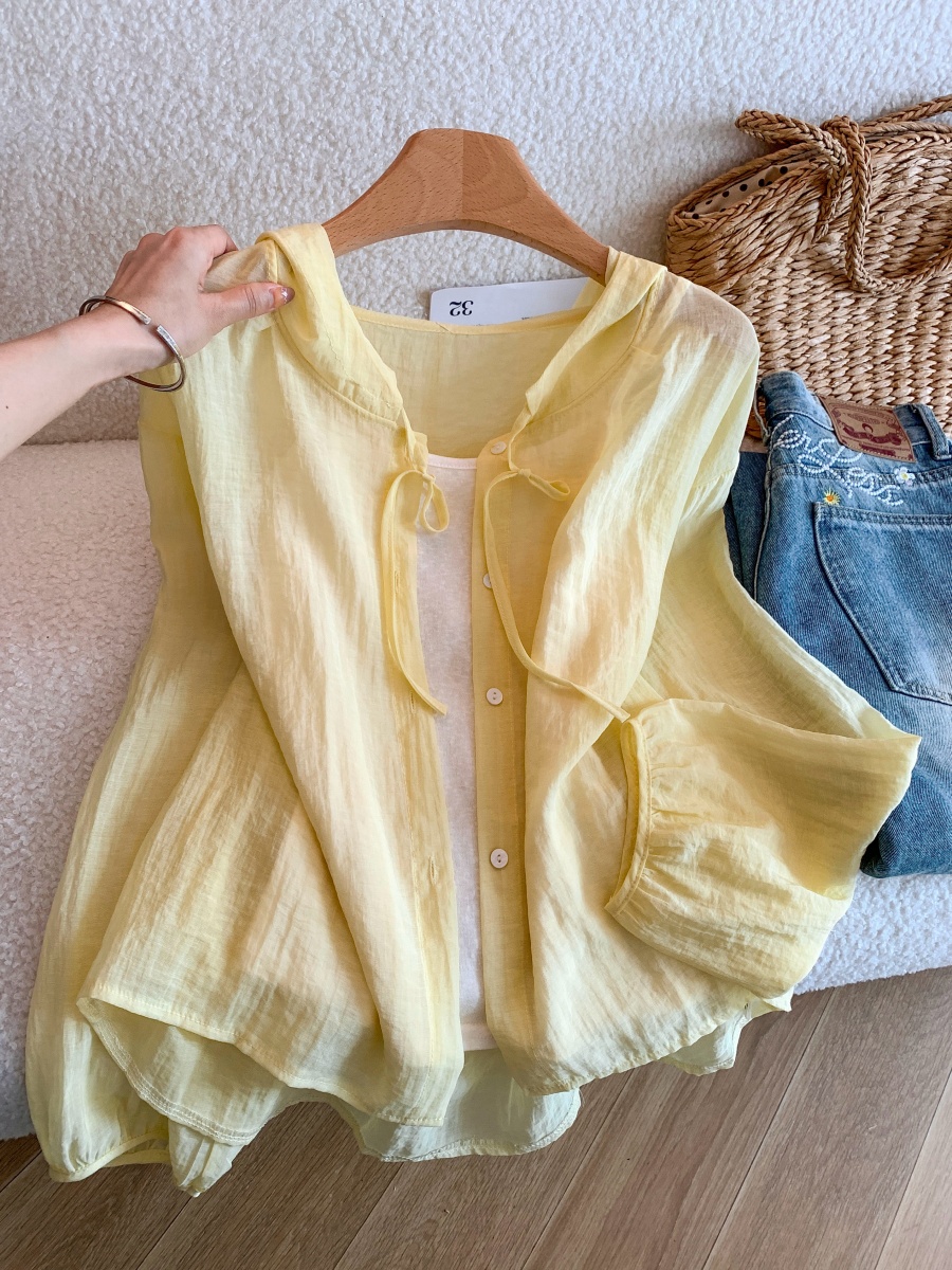 1778944137066_5uoH3o.jpg Summer Korean Style Ruffle Stand Collar Tie Shirt Women Loose Breathable Cotton Blend Sun Protection Blouse