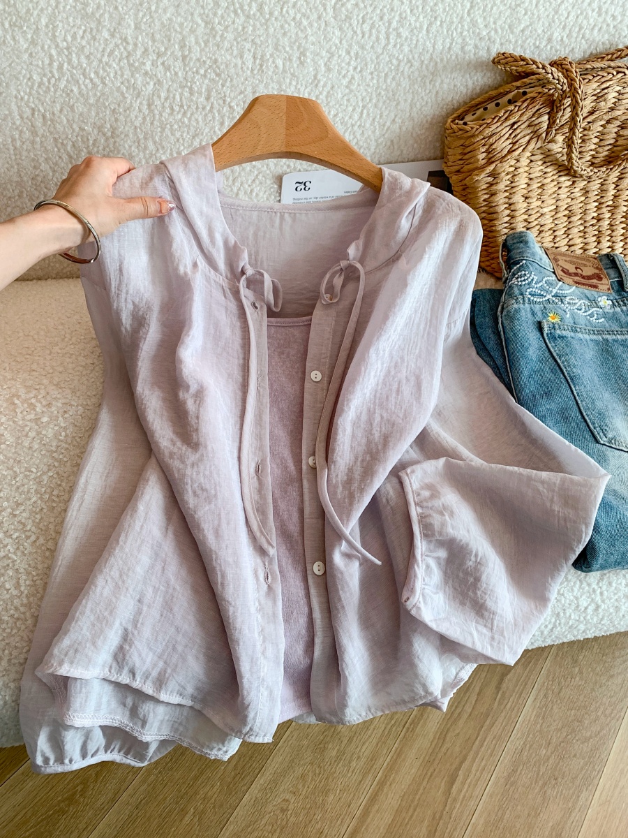 1778944137066_NyNyux.jpg Summer Korean Style Ruffle Stand Collar Tie Shirt Women Loose Breathable Cotton Blend Sun Protection Blouse