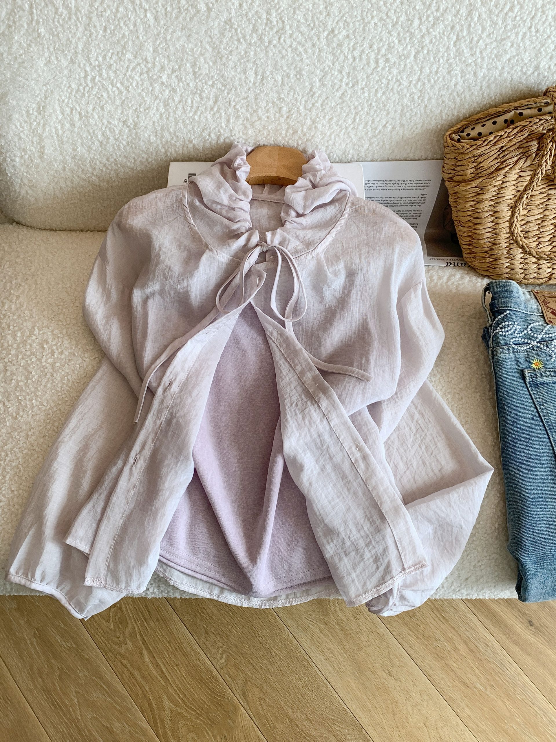 1778944166992_Z5Wdqc.jpg Summer Korean Style Ruffle Stand Collar Tie Shirt Women Loose Breathable Cotton Blend Sun Protection Blouse