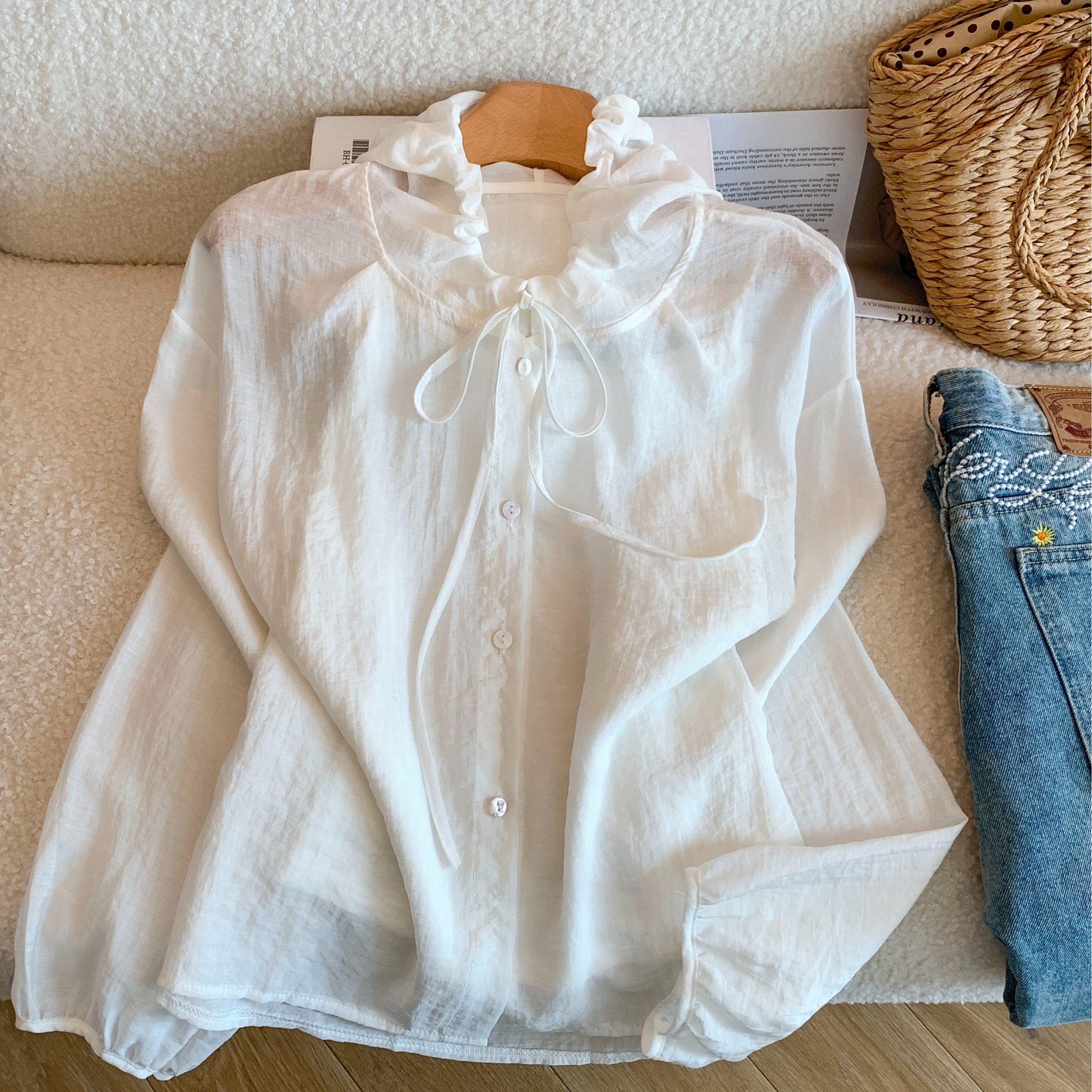 1778944186622_KrQr3v.jpg Summer Korean Style Ruffle Stand Collar Tie Shirt Women Loose Breathable Cotton Blend Sun Protection Blouse