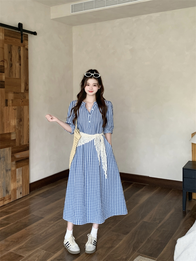 1779032701869_V6LmEk.jpg Plus Size Women's 2026 Summer Korean Retro Plaid Short Sleeve Dress with Lace Shawl - Style 5eb90c