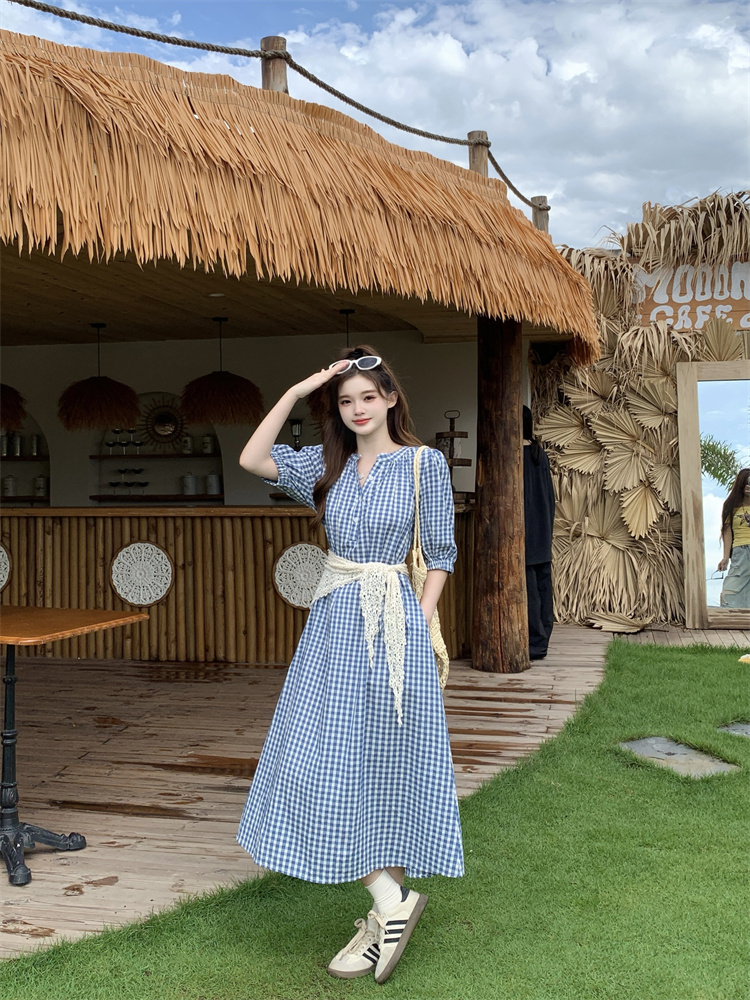 1779032971321_JRv7pJ.jpg Plus Size Women's 2026 Summer Korean Retro Plaid Short Sleeve Dress with Lace Shawl - Style 5eb90c