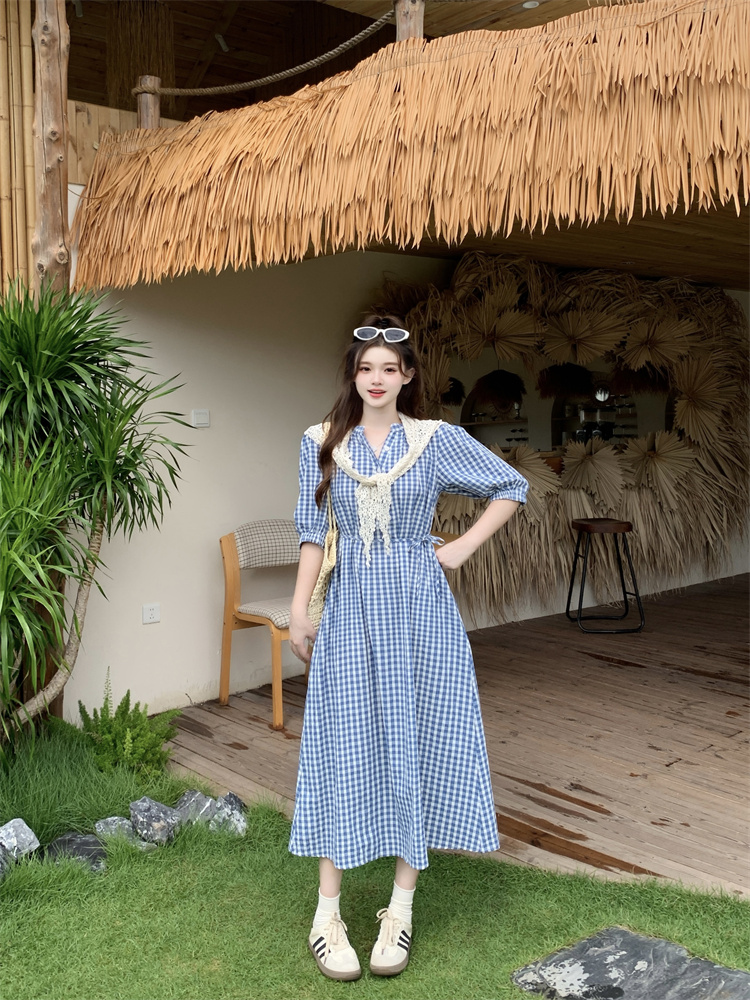 1779032994373_jSibAz.jpg Plus Size Women's 2026 Summer Korean Retro Plaid Short Sleeve Dress with Lace Shawl - Style 5eb90c