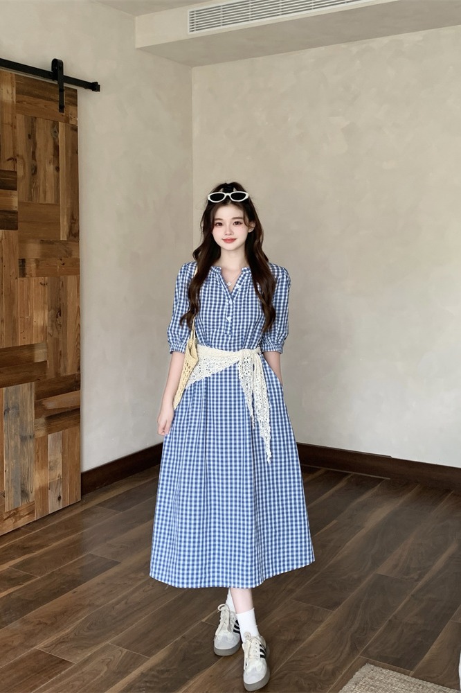 1779033012969_Zr0BsB.jpg Plus Size Women's 2026 Summer Korean Retro Plaid Short Sleeve Dress with Lace Shawl - Style 5eb90c
