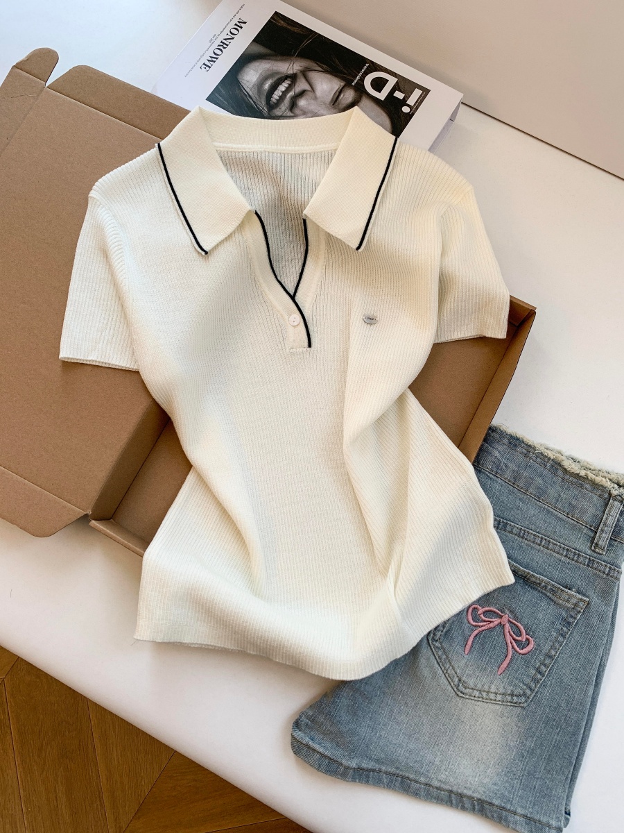 Women's Polo Collar Knit Short Sleeve Top Summer 2026 Thin Ice Silk-Like Pullover