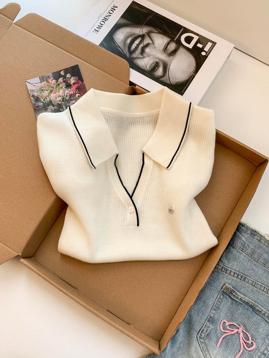 1779101894138_fqy6hA.jpg Women's Polo Collar Knit Short Sleeve Top Summer 2026 Thin Ice Silk-Like Pullover