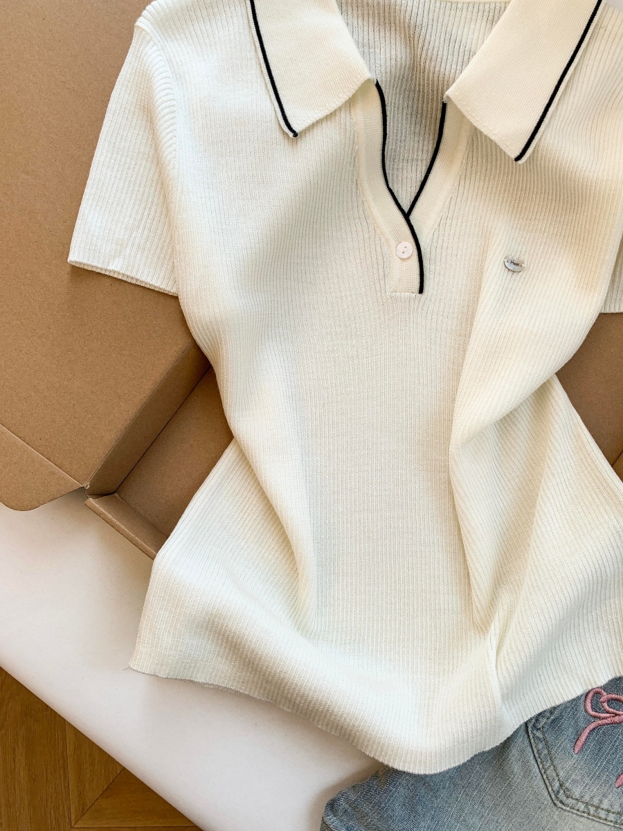 1779101898414_xdgUeC.jpg Women's Polo Collar Knit Short Sleeve Top Summer 2026 Thin Ice Silk-Like Pullover
