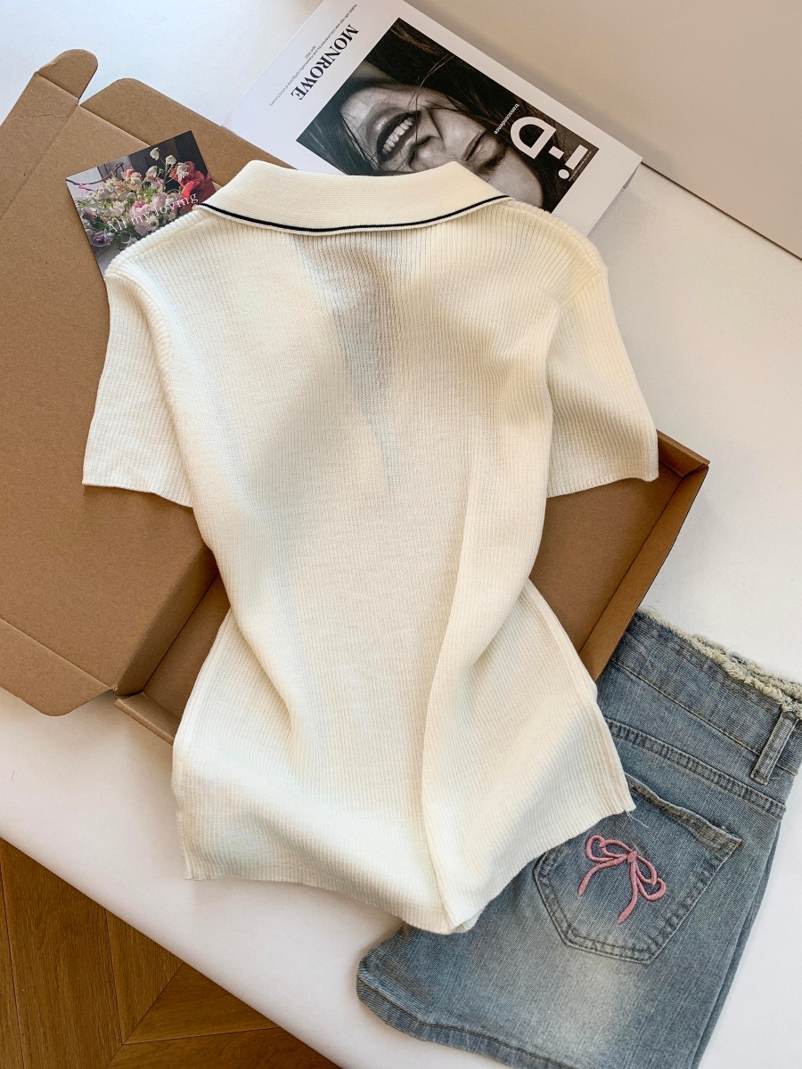 1779101902726_GegBMW.jpg Women's Polo Collar Knit Short Sleeve Top Summer 2026 Thin Ice Silk-Like Pullover
