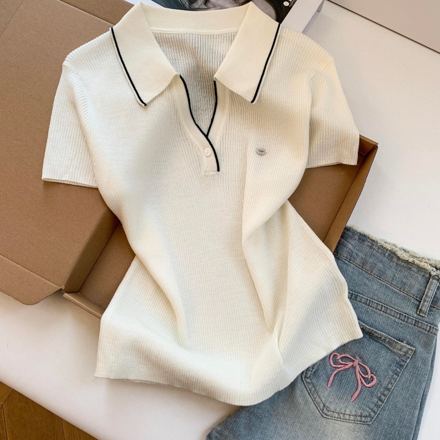 1779101909749_4R6jcn.jpg Women's Polo Collar Knit Short Sleeve Top Summer 2026 Thin Ice Silk-Like Pullover