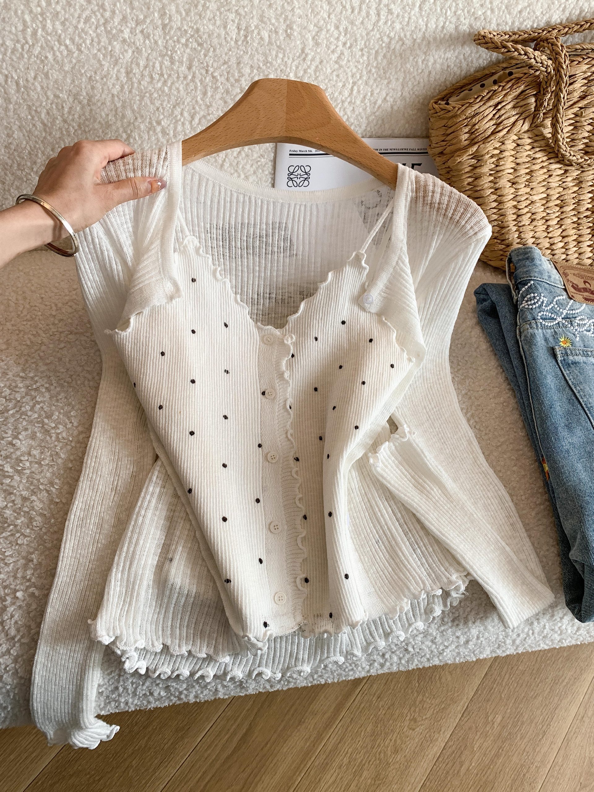 Women's Korean Style Off-White Polka Dot Knit Cami Cardigan Two-Piece Set Summer Sun Protection - Style fd48dd