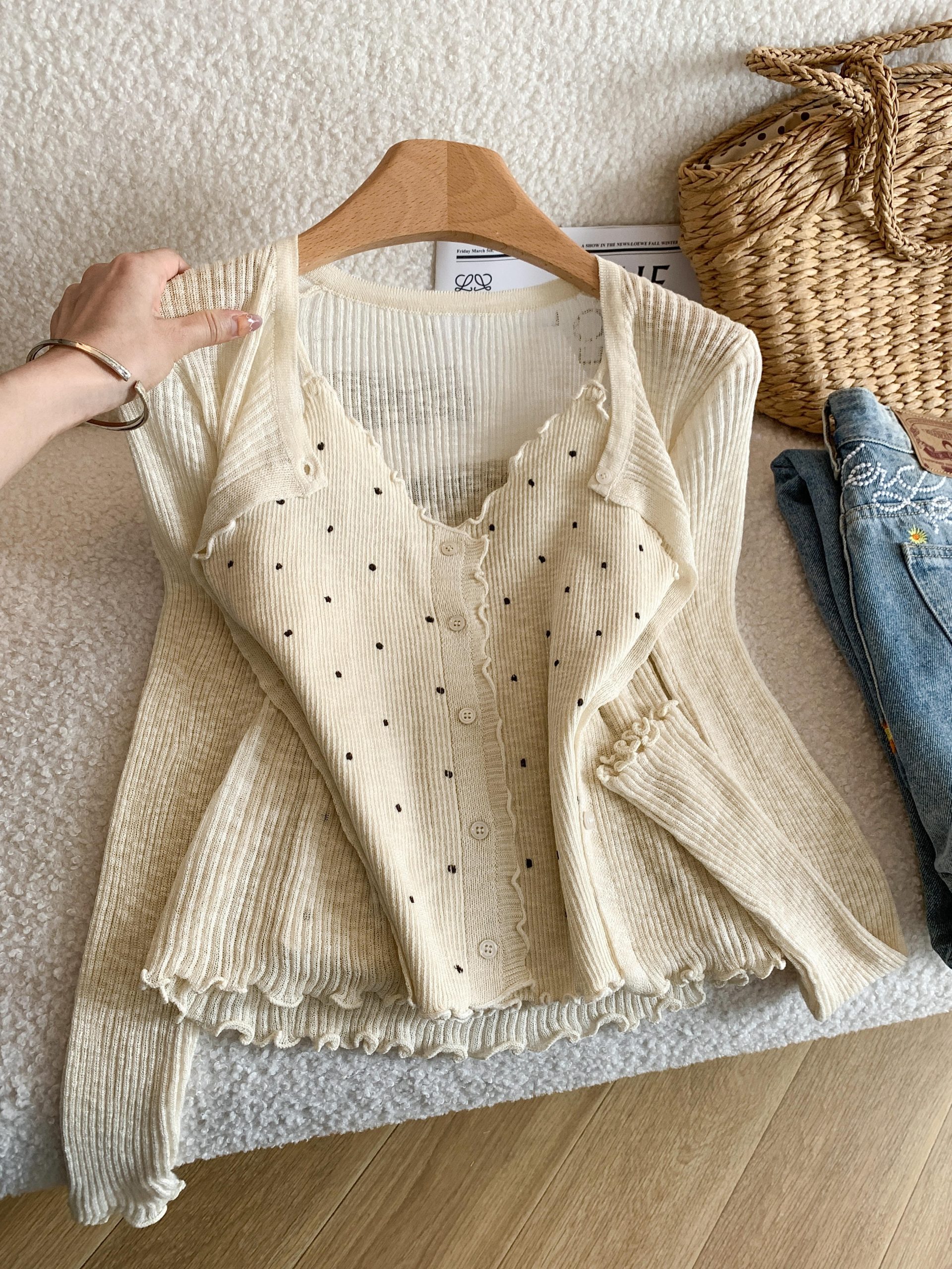 1779458447114_AWFyJa.jpg Women's Light Yellow Polka Dot Knit Cami Cardigan Two-Piece Set Summer Sun Protection Cover-Up