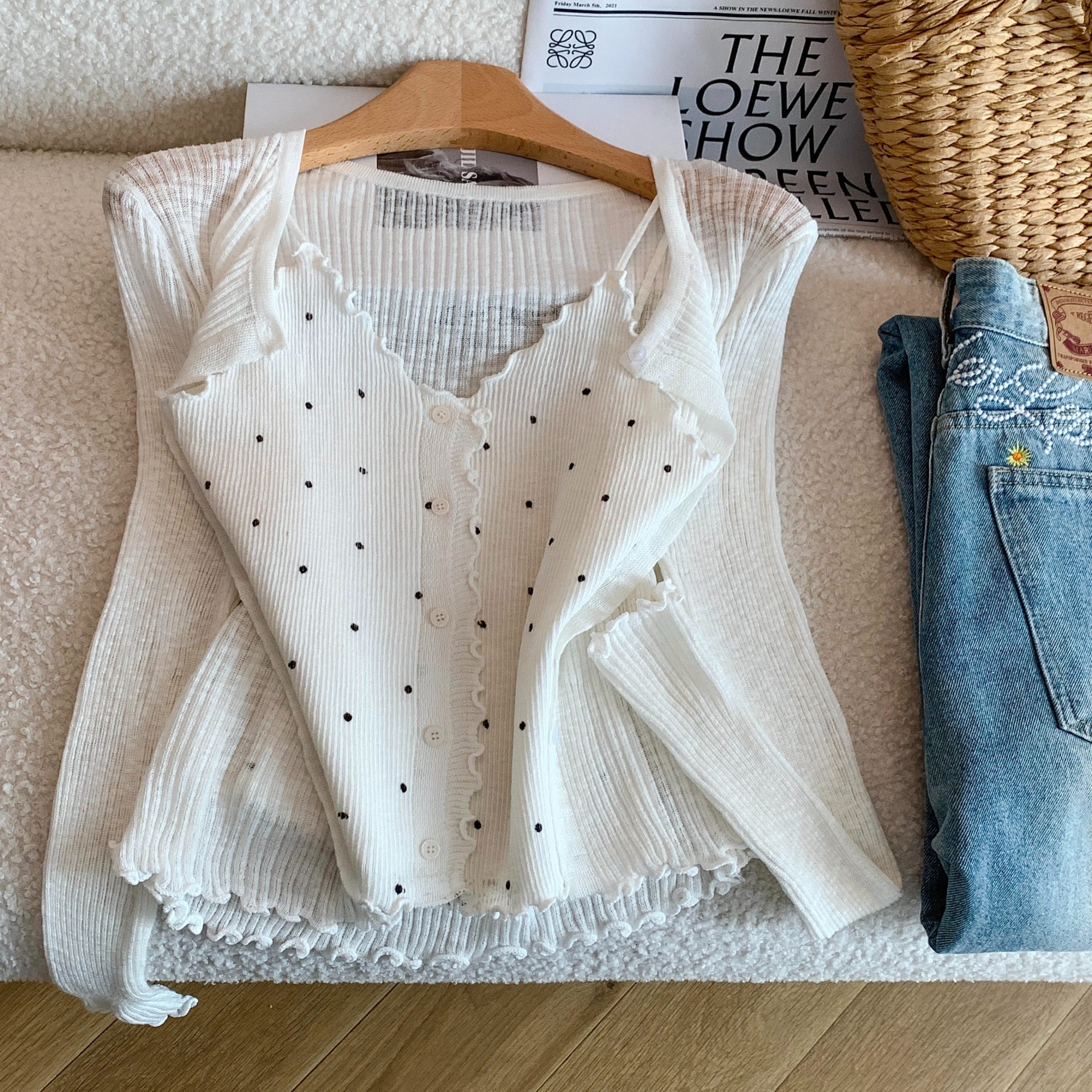 1779458483149_cFfNad.jpg Women's Korean Style Off-White Polka Dot Knit Cami Cardigan Two-Piece Set Summer Sun Protection - Style fd48dd