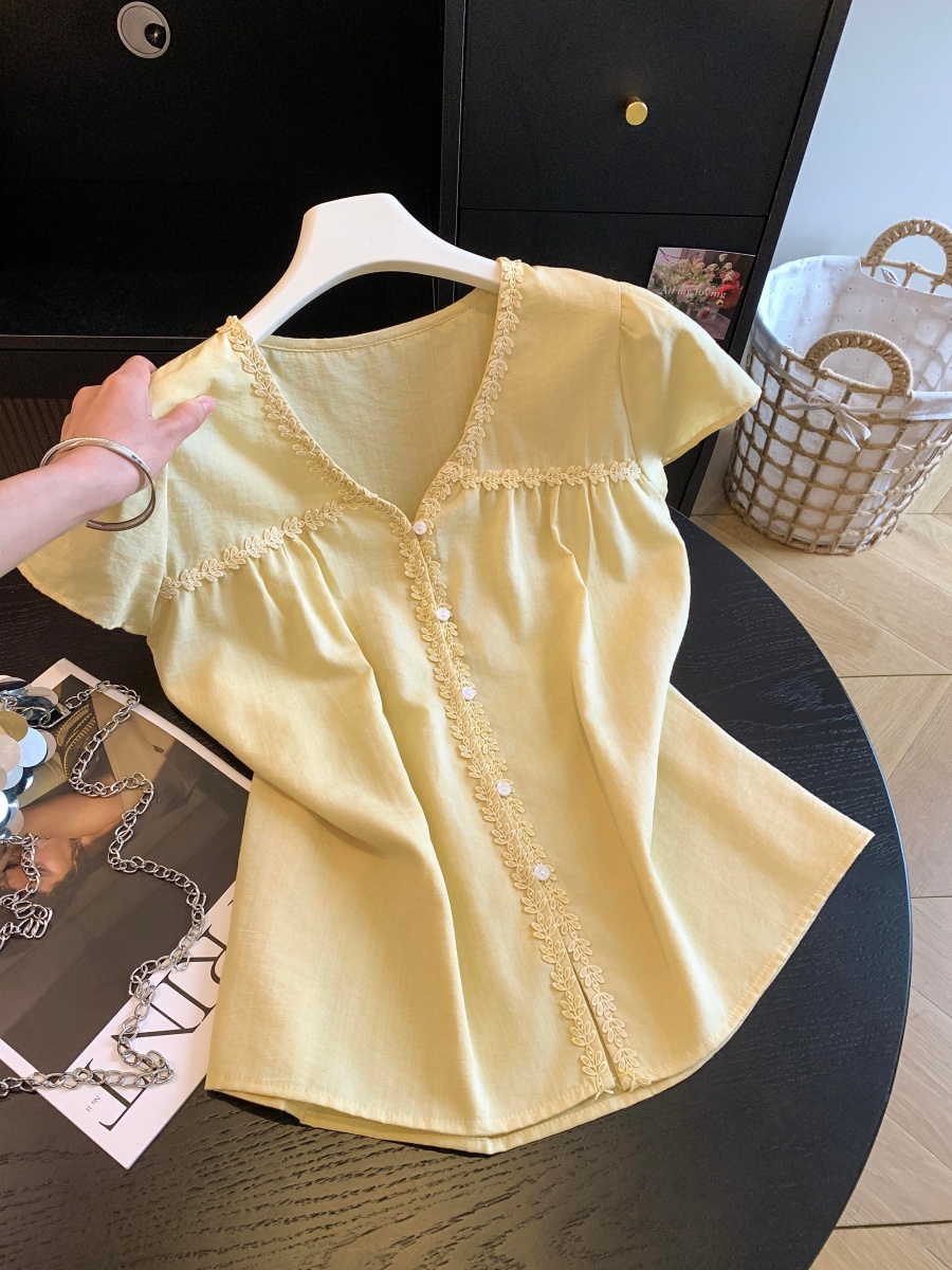 Women Summer Lace Trim V-Neck Short Sleeve Blouse Loose Sweet Top