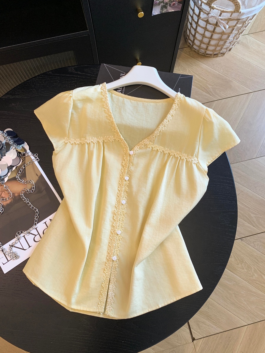 1781700193312_b8EQVB.jpg Women Summer Lace Trim V-Neck Short Sleeve Blouse Loose Sweet Top