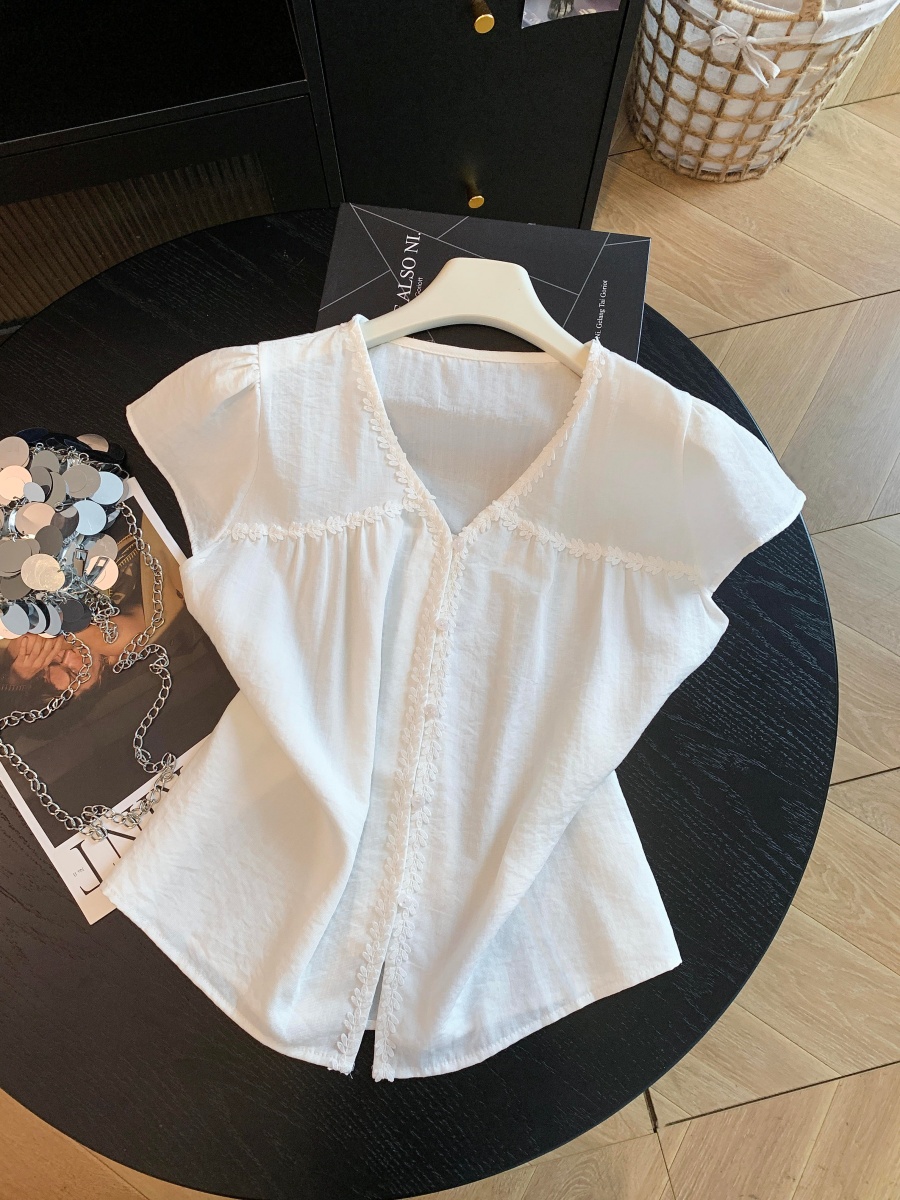 1781700202396_4MKGgA.jpg Women Summer Lace Trim V-Neck Short Sleeve Blouse Loose Sweet Top