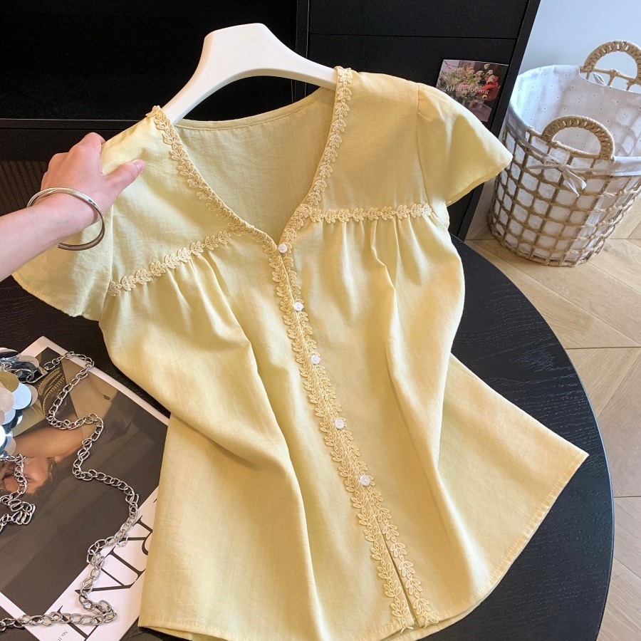 1781700223042_IaN2nQ.jpg Women Summer Lace Trim V-Neck Short Sleeve Blouse Loose Sweet Top