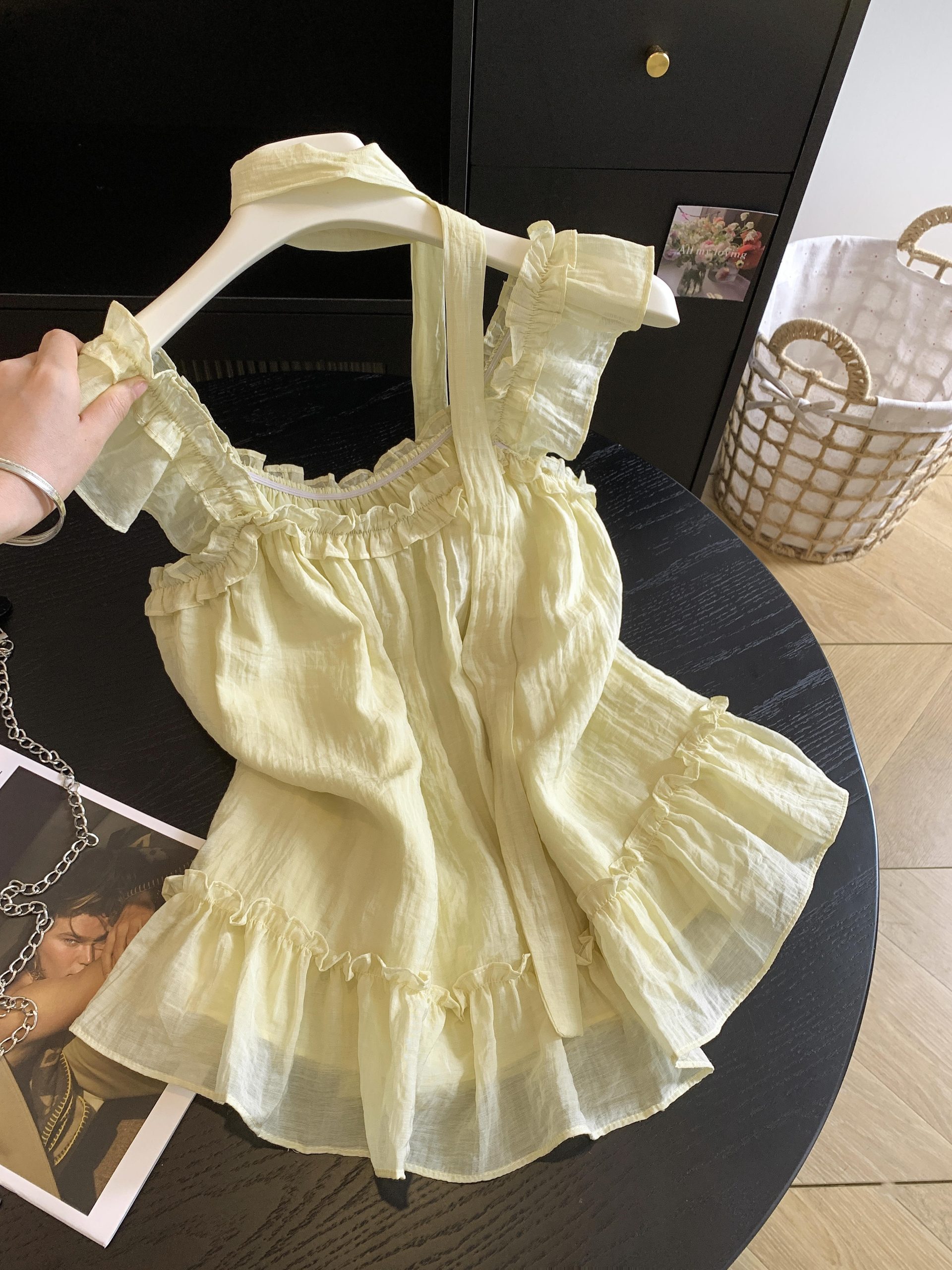 Women's Halter Neck Chiffon Top with Flutter Sleeves in Apricot White or Goose Yellow