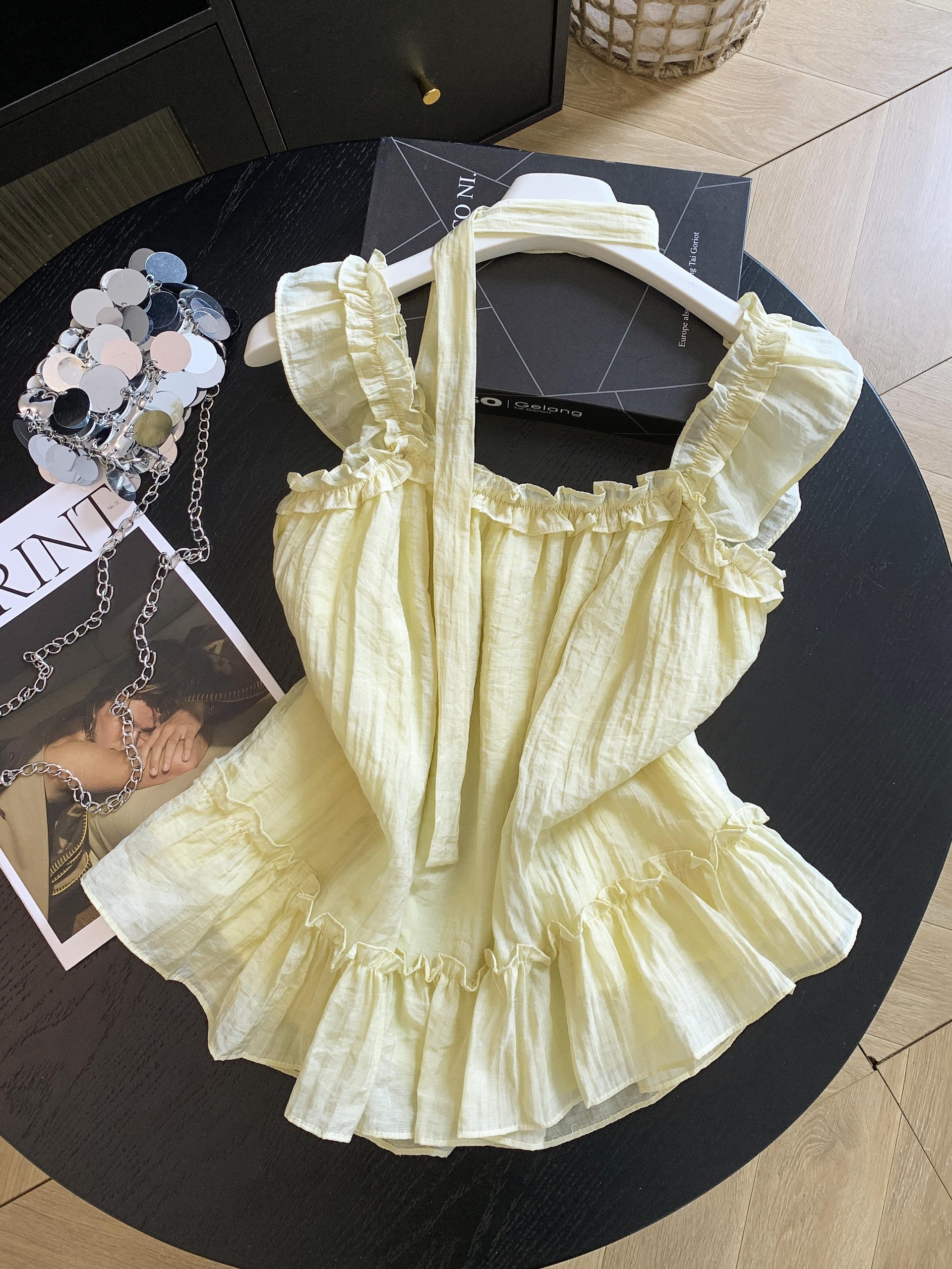 Women's Yellow Halter Top Summer Loose Flutter Sleeve Blouse