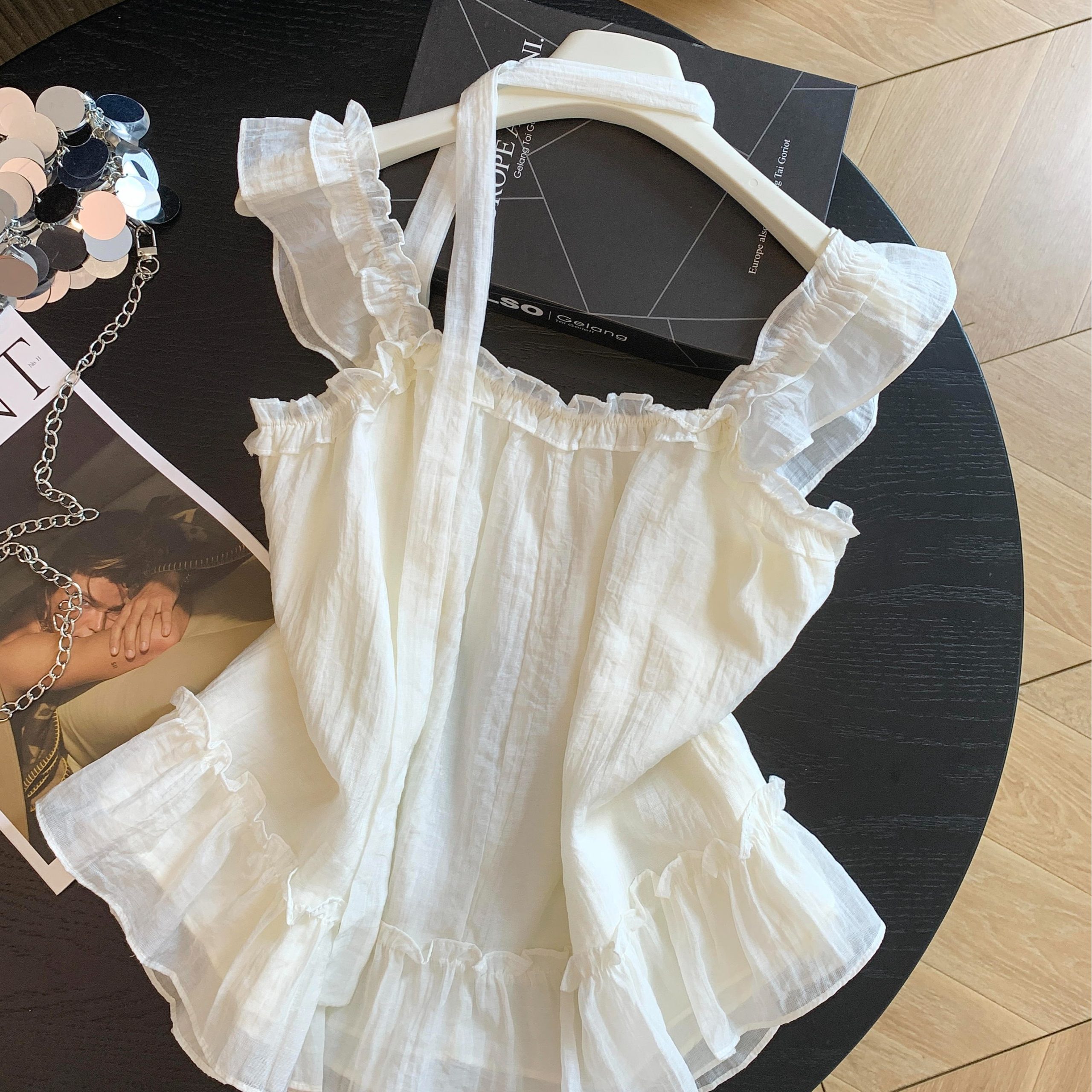 Women's Yellow Halter Top Summer Loose Flutter Sleeve Blouse