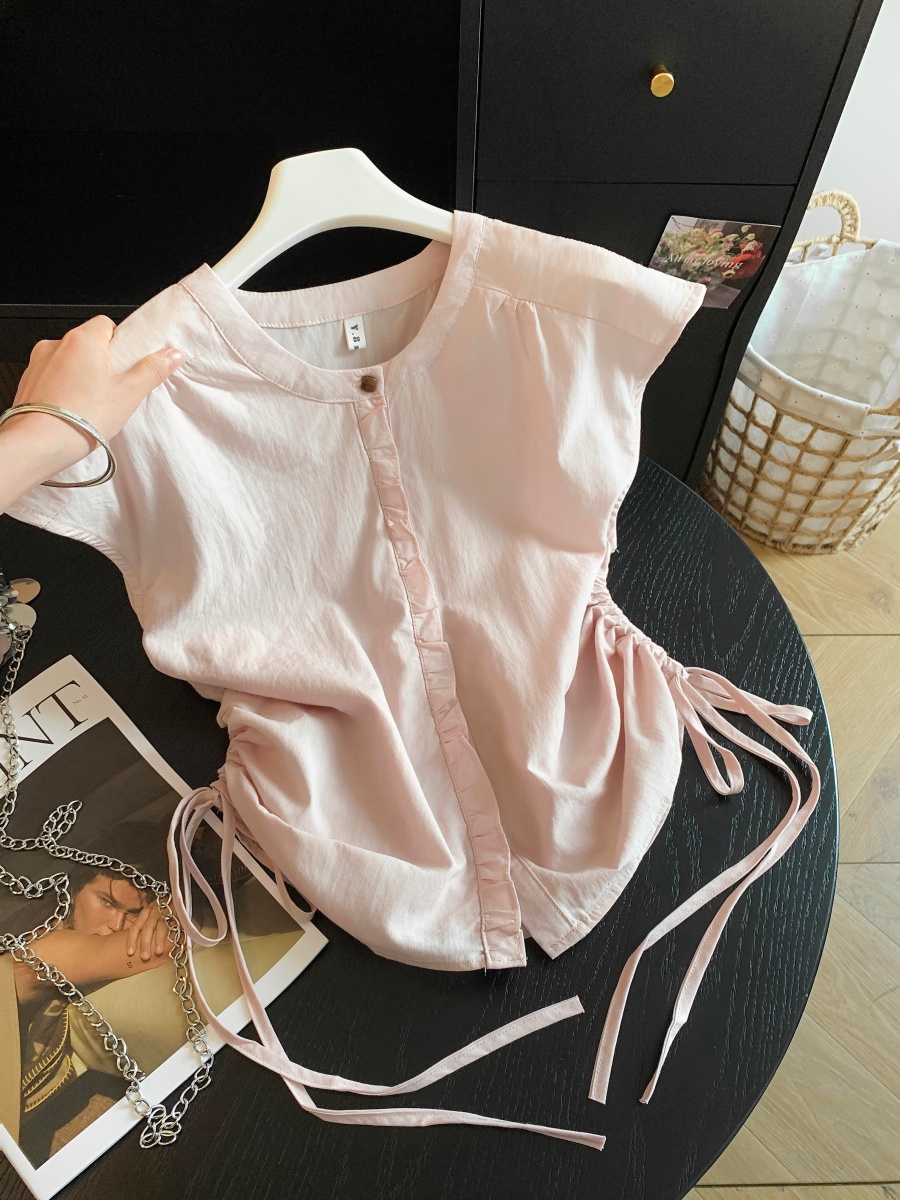 Women Summer Sleeveless Drawstring Waist Shirt Light Pink Light Yellow