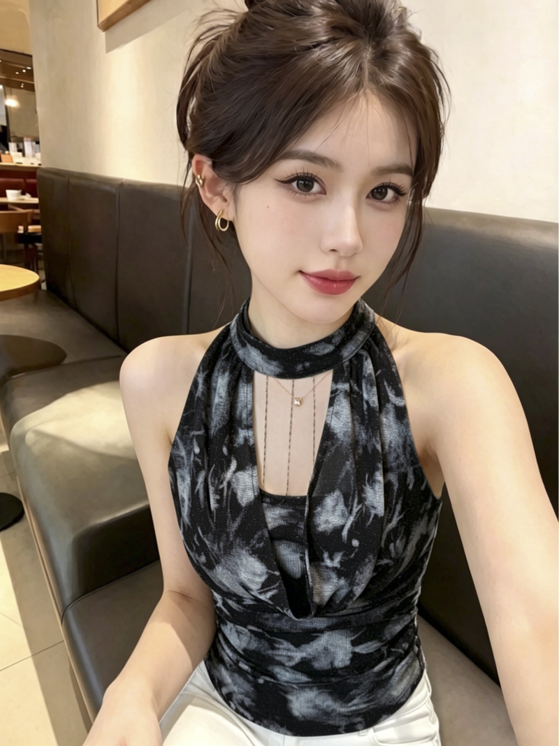Sequin Halter Cami Top with Chain and Cowl Neck for Women Summer Slim Fit with Chest Pads